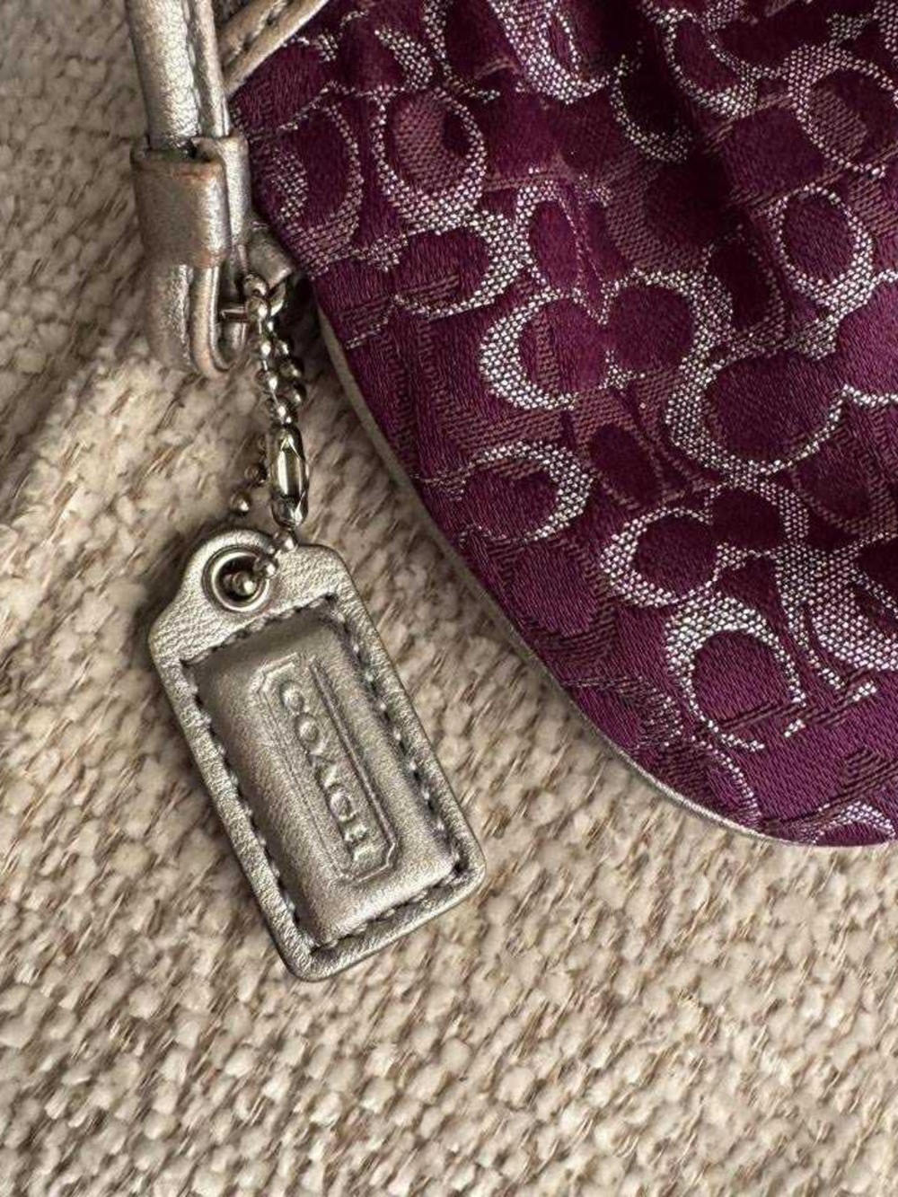 Coach Small Signature Lurex Pleated Wristlet Vibrant Purple W/ Metallic Trim